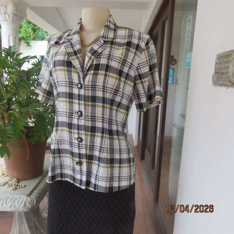Classic textured polyester-viscose black, white & gold check short sleeve top-jacket - Size 36