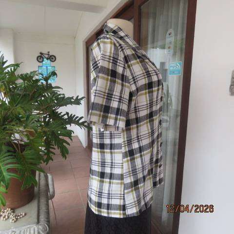 Classic textured polyester-viscose black, white & gold check short sleeve top-jacket - Size 36