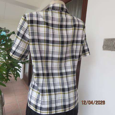 Classic textured polyester-viscose black, white & gold check short sleeve top-jacket - Size 36