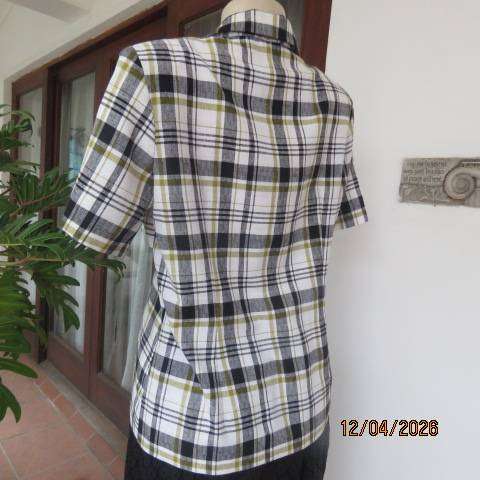 Classic textured polyester-viscose black, white & gold check short sleeve top-jacket - Size 36