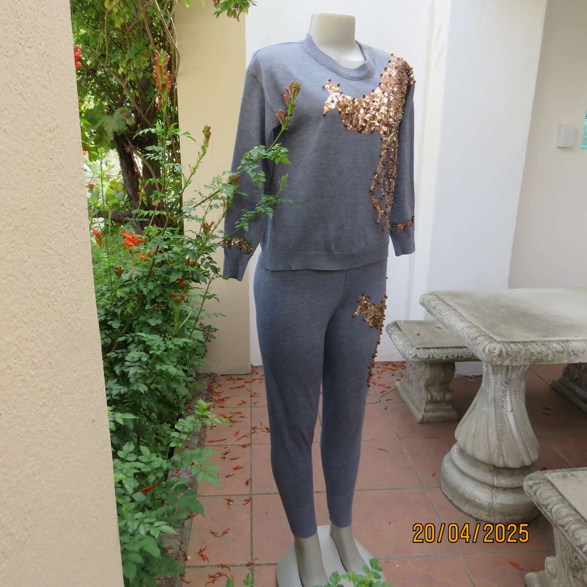 KINGS BABY dim grey 2 pc polycotton knit pantsuit size 30-32. Luxury gold sequin decoration.