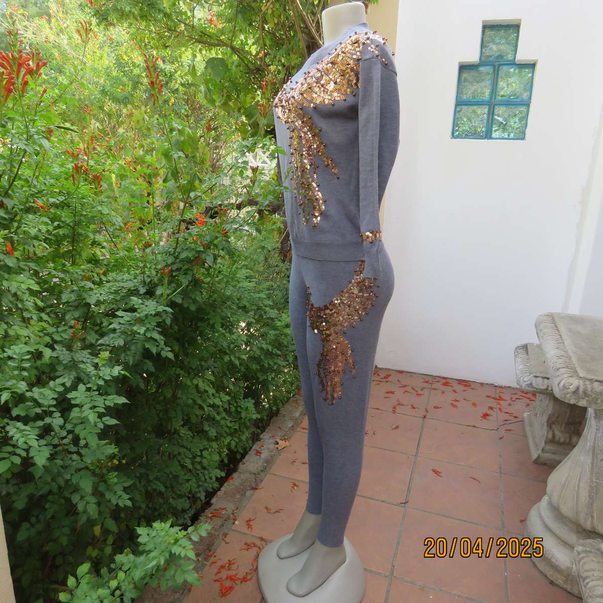 KINGS BABY dim grey 2 pc polycotton knit pantsuit size 30-32. Luxury gold sequin decoration.
