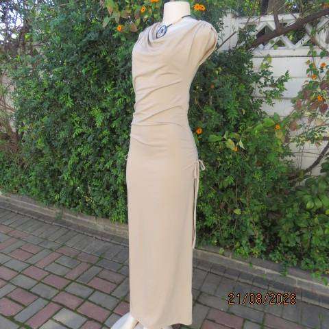 SHEIN beige bodycon maxi dress with cowl necklines and side drawstrings, size 38