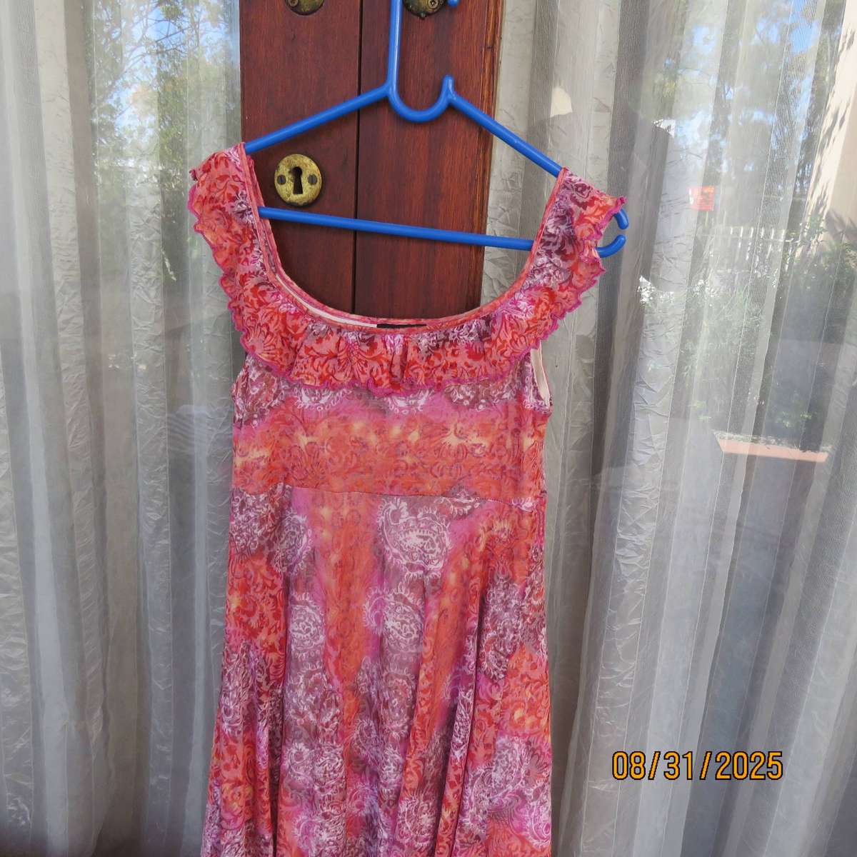 EXACT pink-crimson-white paisley print opaque lined flare dress for 9 to 10 yr old.