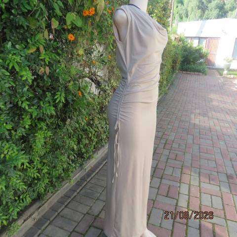 SHEIN beige bodycon maxi dress with cowl necklines and side drawstrings, size 38