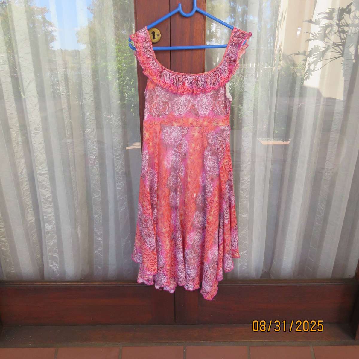 EXACT pink-crimson-white paisley print opaque lined flare dress for 9 to 10 yr old.