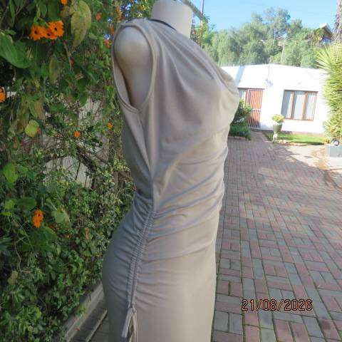 SHEIN beige bodycon maxi dress with cowl necklines and side drawstrings, size 38