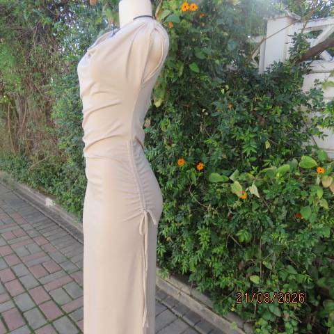 SHEIN beige bodycon maxi dress with cowl necklines and side drawstrings, size 38