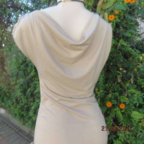 SHEIN beige bodycon maxi dress with cowl necklines and side drawstrings, size 38