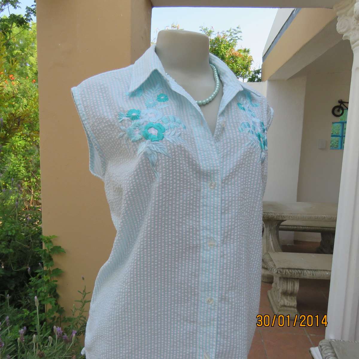 Aqua luxury embroidered button down top .White-Aqua stripes Size 40