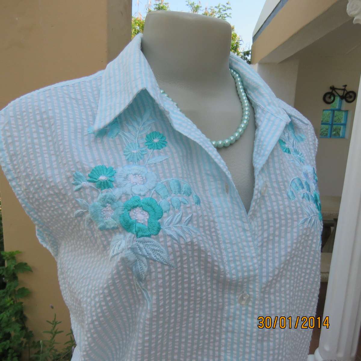 Aqua luxury embroidered button down top .White-Aqua stripes Size 40