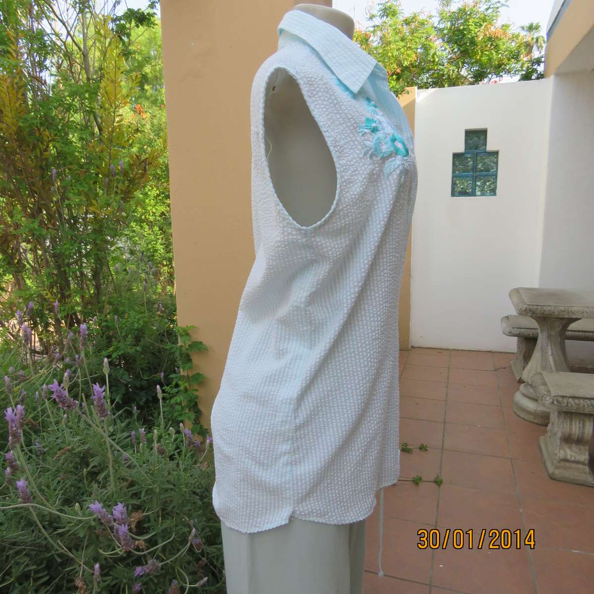 Aqua luxury embroidered button down top .White-Aqua stripes Size 40