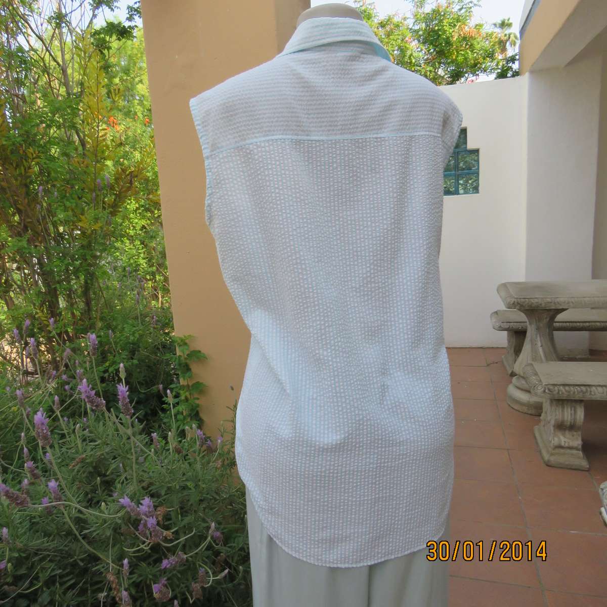 Aqua luxury embroidered button down top .White-Aqua stripes Size 40
