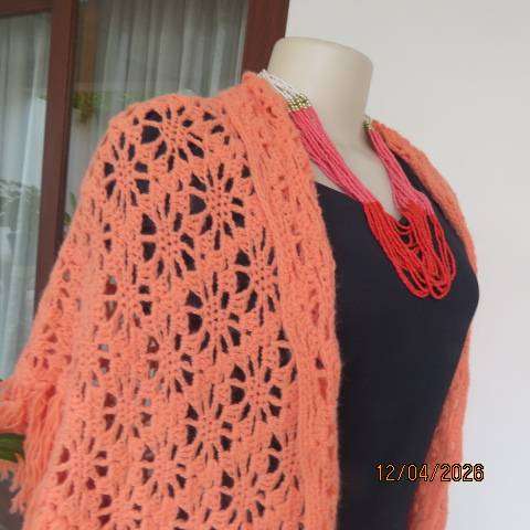 Coral triangle crochet throw with fringes, hand-made, 180cm x 100cm x 100cm