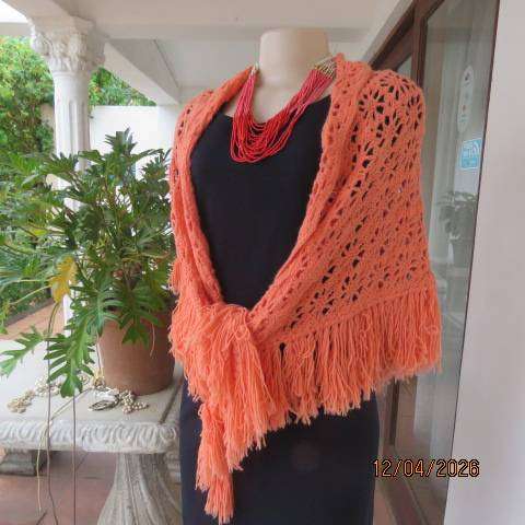 Coral triangle crochet throw with fringes, hand-made, 180cm x 100cm x 100cm