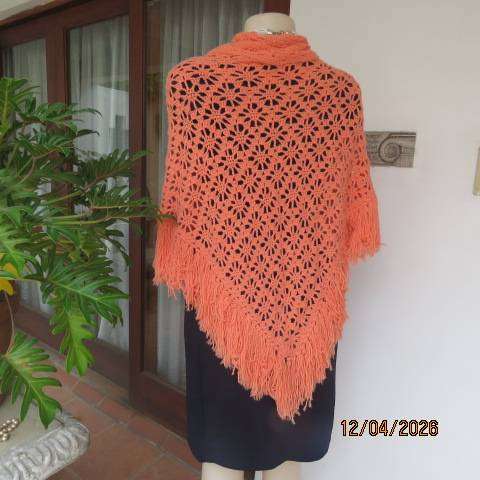 Coral triangle crochet throw with fringes, hand-made, 180cm x 100cm x 100cm