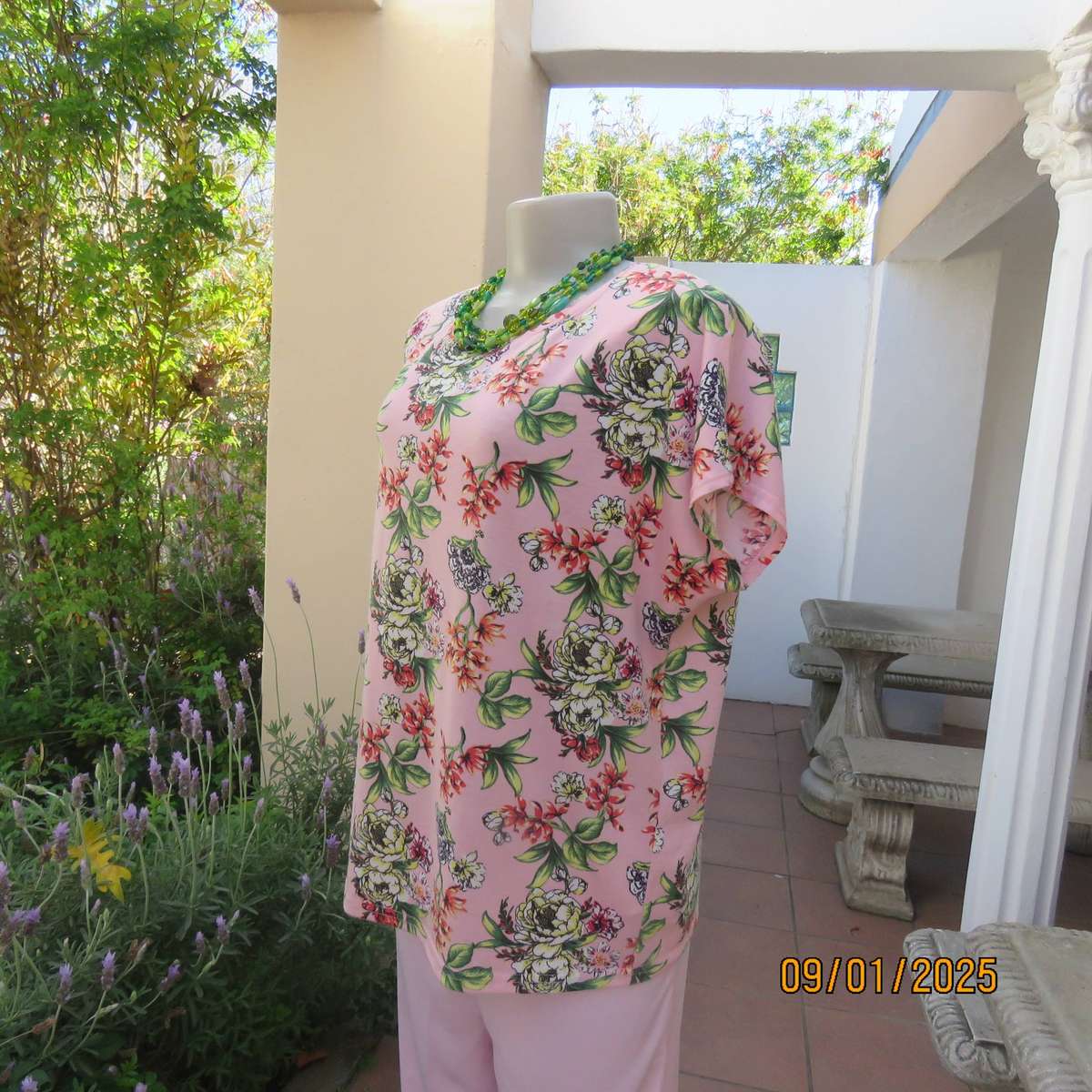 Light peach with crimson-yellow-green floral print slip over top. Tiny cut-on sleeves. Size 42