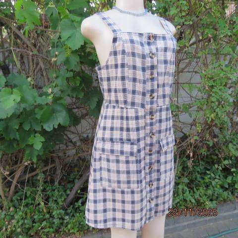Navy white and mustard check dress-pinafore in cotton. Adjustable straps. Size 34