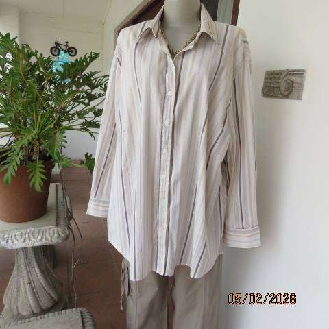 Penny C Polycotton Stretch Long Sleeve Top Cream-Brown Vertical Stripes Size 48