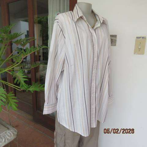 Penny C Polycotton Stretch Long Sleeve Top Cream-Brown Vertical Stripes Size 48