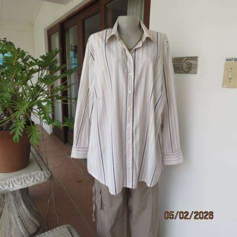 Penny C Polycotton Stretch Long Sleeve Top Cream-Brown Vertical Stripes Size 48