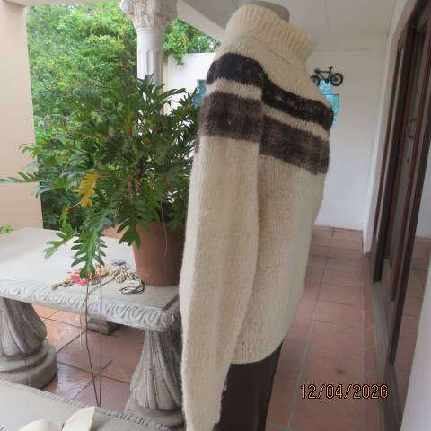 Hand knitted cream double knit long sleeve pullover sweater with brown stripes, size 40-42