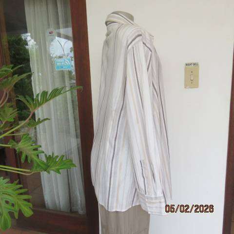 Penny C Polycotton Stretch Long Sleeve Top Cream-Brown Vertical Stripes Size 48
