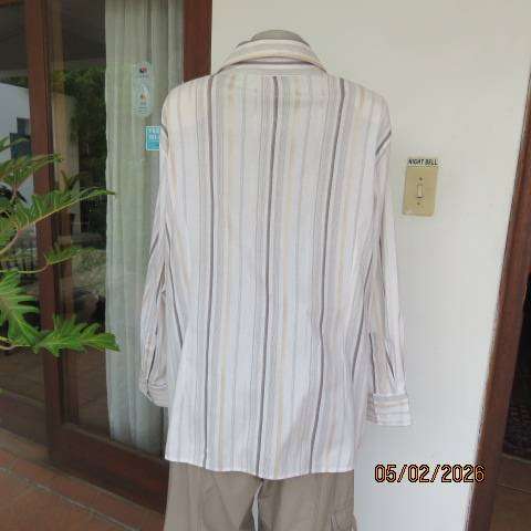 Penny C Polycotton Stretch Long Sleeve Top Cream-Brown Vertical Stripes Size 48