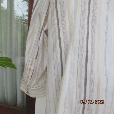 Penny C Polycotton Stretch Long Sleeve Top Cream-Brown Vertical Stripes Size 48