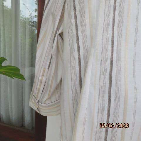 Penny C Polycotton Stretch Long Sleeve Top Cream-Brown Vertical Stripes Size 48