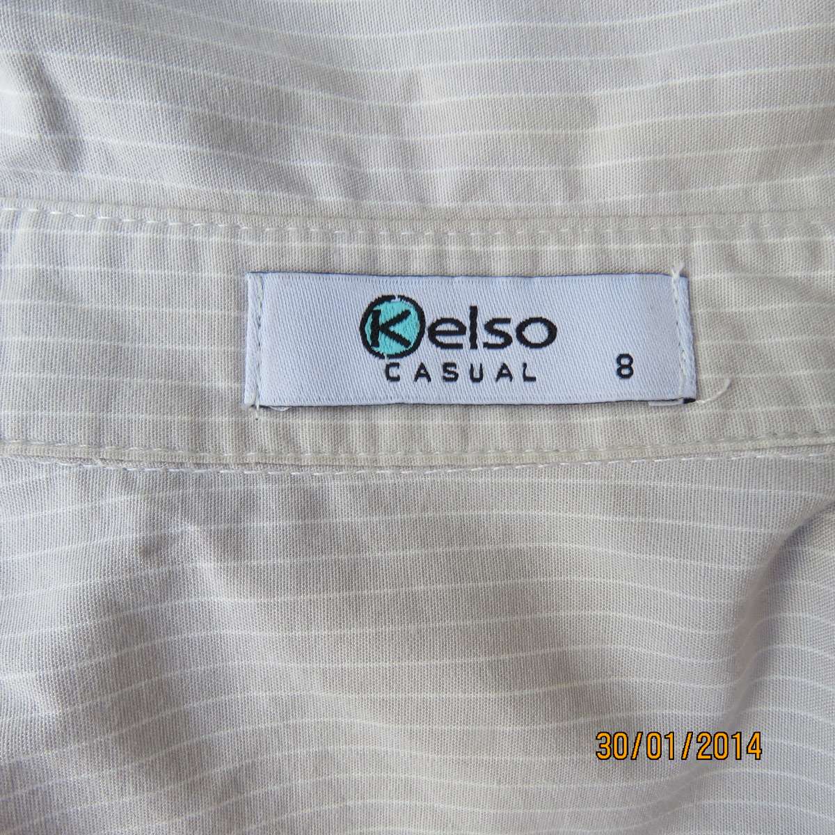 KELSO tailored cotton capped sleeve top. Ecru-white vertical striped.Size 33.With front frill.As new