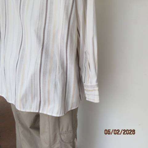 Penny C Polycotton Stretch Long Sleeve Top Cream-Brown Vertical Stripes Size 48