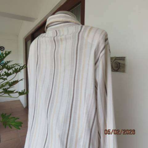 Penny C Polycotton Stretch Long Sleeve Top Cream-Brown Vertical Stripes Size 48