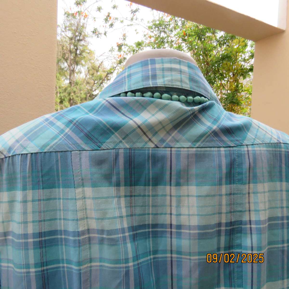 Blue-turquoise check ladies short sleeve shirt in size 42.