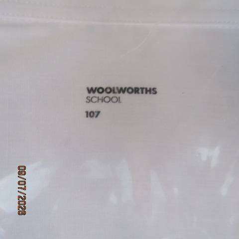 Woolworths white school shirt, short sleeve, polycotton, size 107cm chest, men's medium