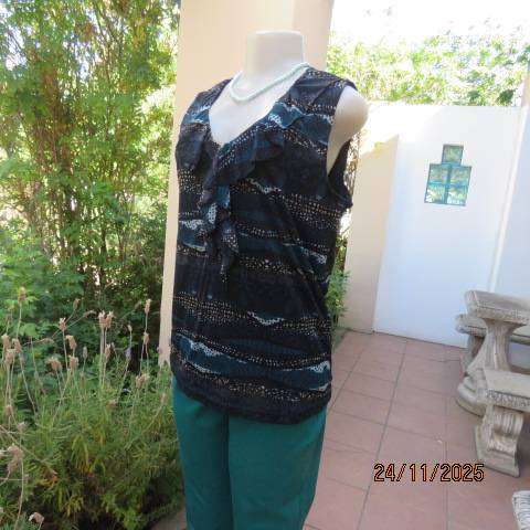 ROCKMANS sheer polyester sleeveless lined top in black with jade-light blue-cream print. Size 38