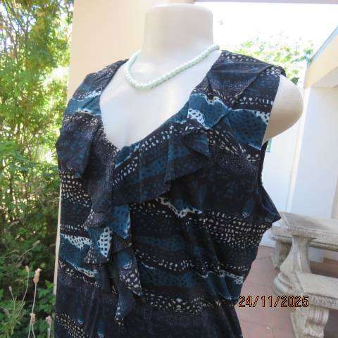 ROCKMANS sheer polyester sleeveless lined top in black with jade-light blue-cream print. Size 38