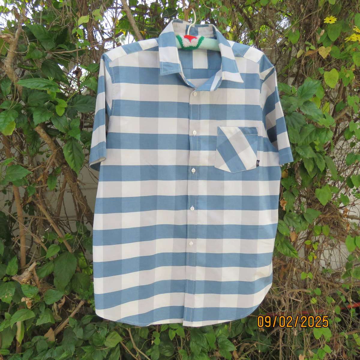 OAKRIDGE relaxed short sleeve blue-white check cotton shirt size XL