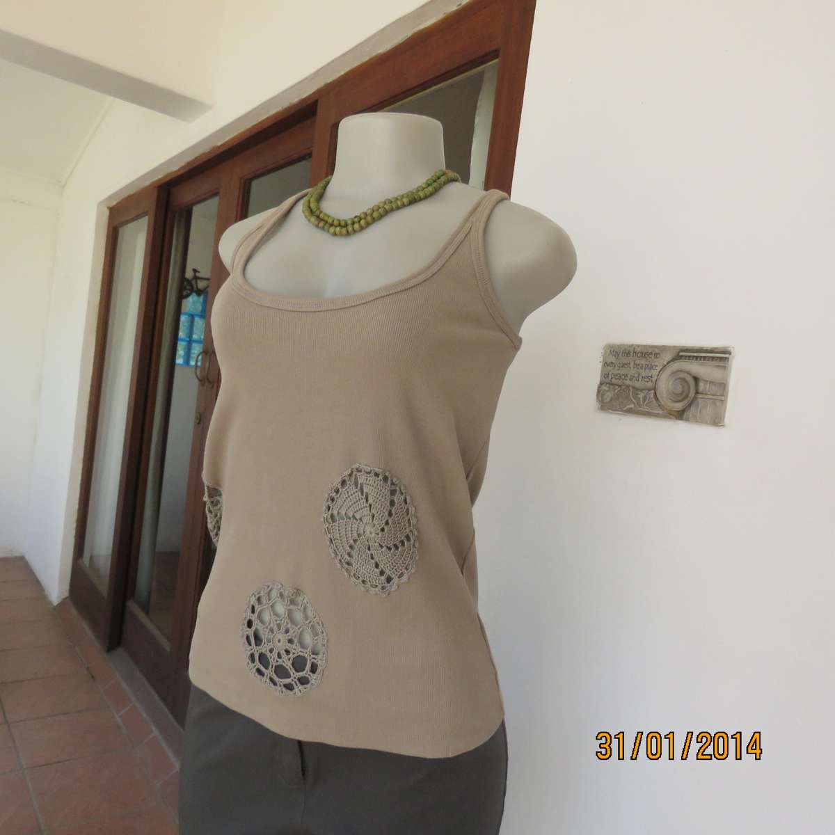 QUEENSPARK sage green strappy top in 100% ribbed cotton. Size 36 to 38. Crochet circle inlays.As new