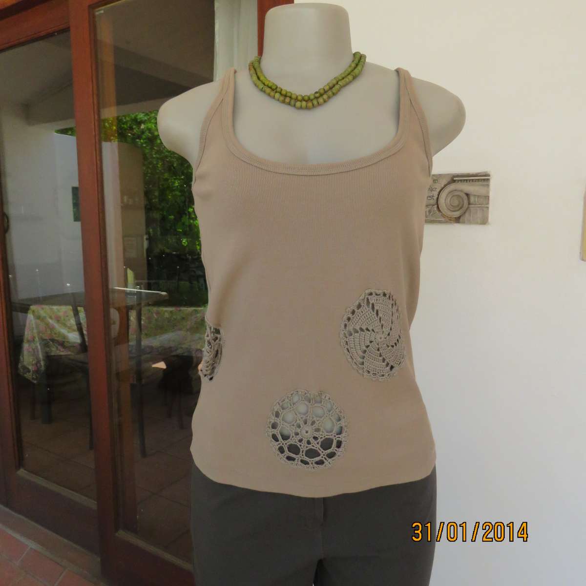 QUEENSPARK sage green strappy top in 100% ribbed cotton. Size 36 to 38. Crochet circle inlays.As new