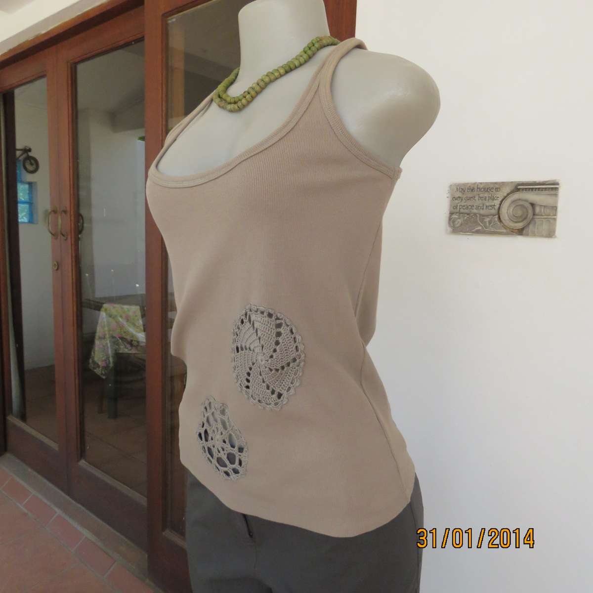 QUEENSPARK sage green strappy top in 100% ribbed cotton. Size 36 to 38. Crochet circle inlays.As new