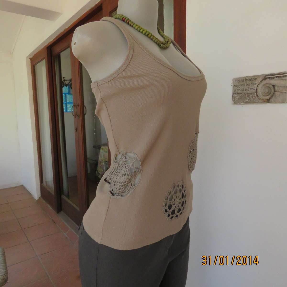 QUEENSPARK sage green strappy top in 100% ribbed cotton. Size 36 to 38. Crochet circle inlays.As new