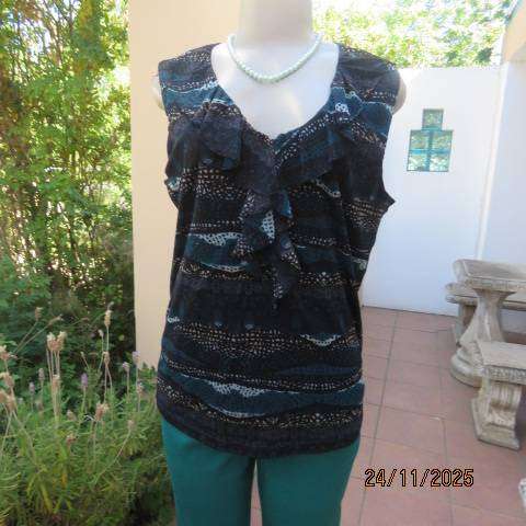 ROCKMANS sheer polyester sleeveless lined top in black with jade-light blue-cream print. Size 38