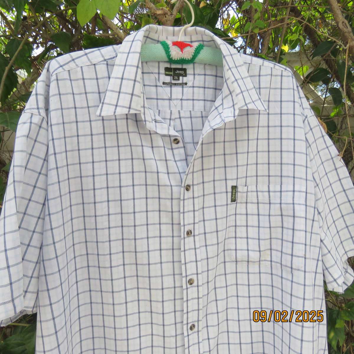 JEEP superior cotton navy-white check short sleeve shirt size 2XL.