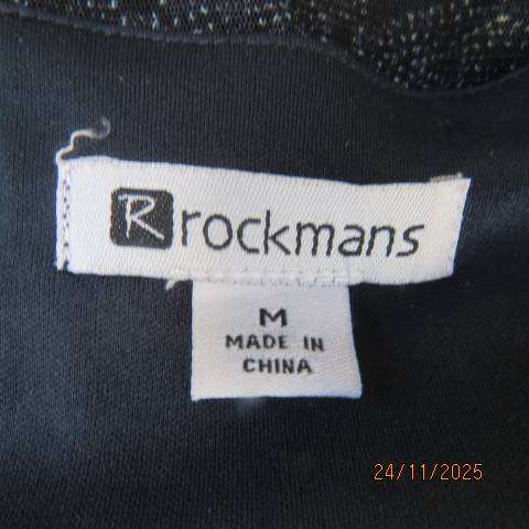 ROCKMANS sheer polyester sleeveless lined top in black with jade-light blue-cream print. Size 38