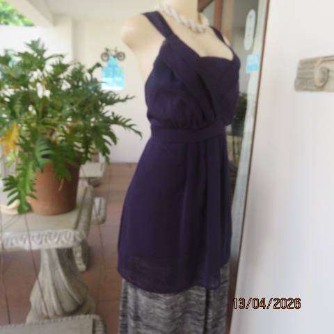 DONNA CLAIRE dark purple sheer polyester lined top with shoulder straps, size 42