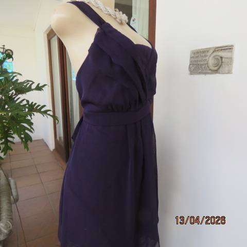 DONNA CLAIRE dark purple sheer polyester lined top with shoulder straps, size 42