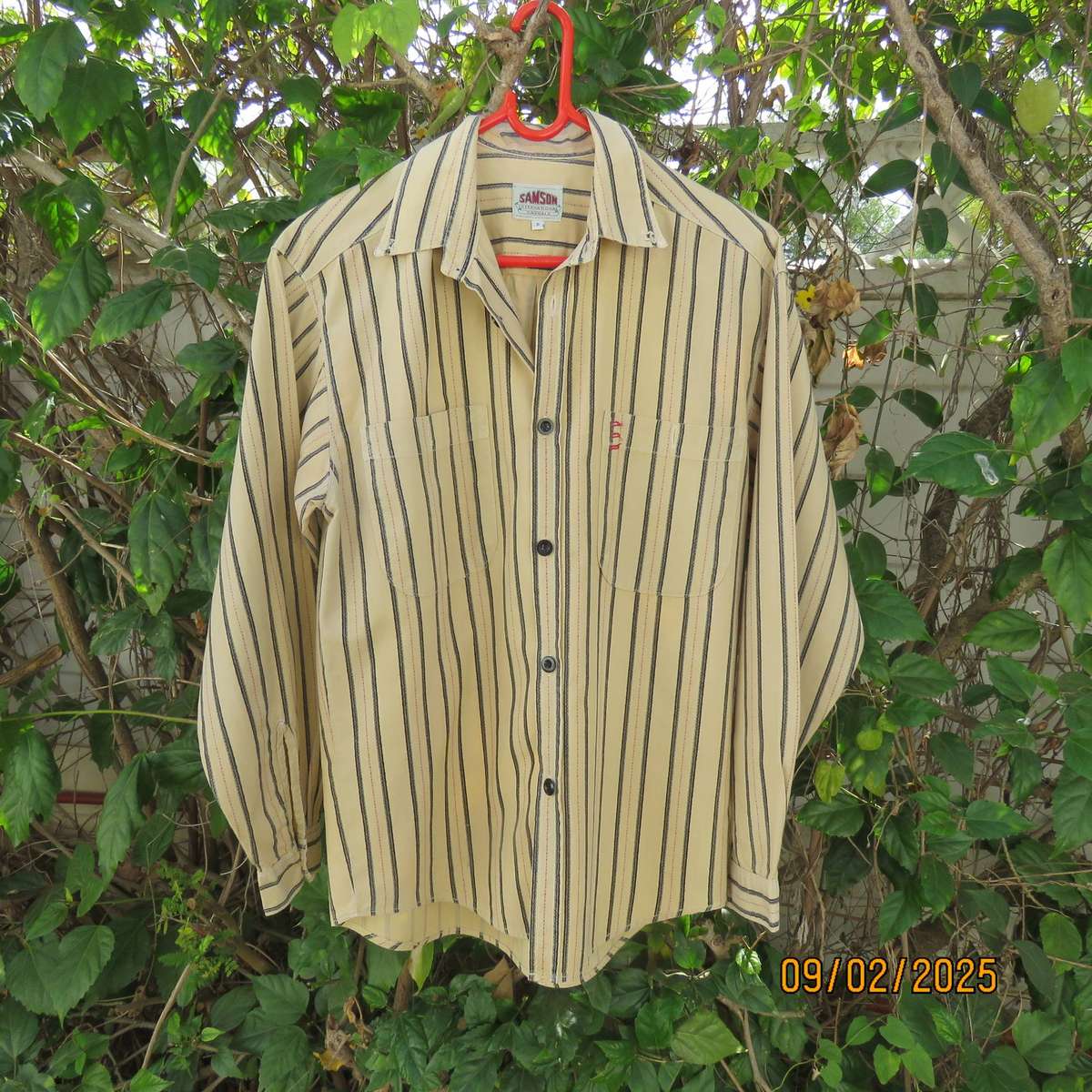 SAMSON vanilla colour size small shirt with red-black vertical stripes.100% cotton.