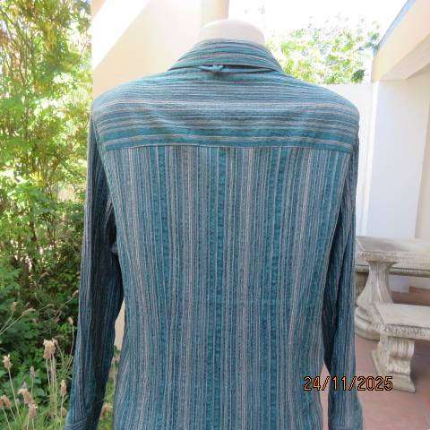 RENE TAYLOR creased stretch polycotton jade-silver-grey striped long sleeve shirt. Size 42