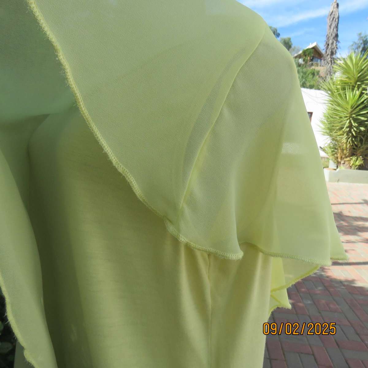 INSPIRE amber yellow sleeveless stretch cotton top with sheer overlay. Size 40